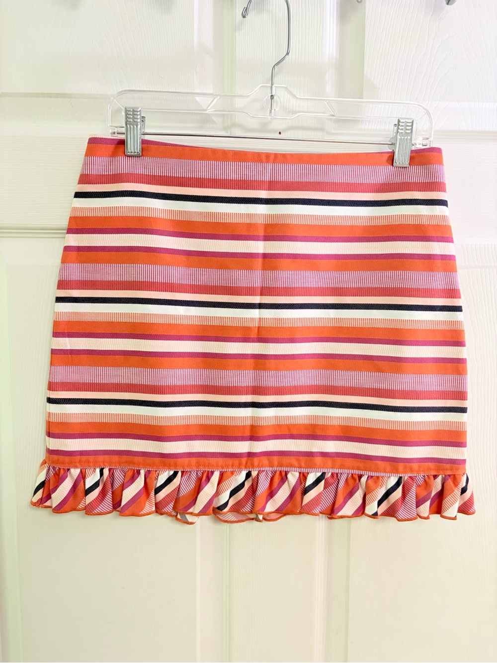 Trina Turk Pink & Orange Striped Ruffle Hem Mini Skirt